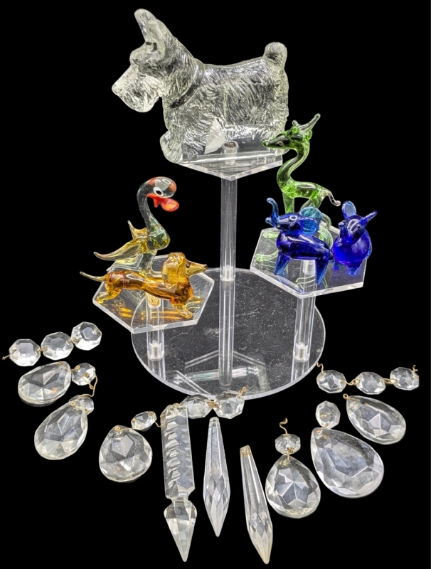 Assorted Vintage Handmade Glass Animals, Scottish Terrier Pressed Glass Candy Container, Cut Prisms / Chandelier Pendalogues + Up to 3 25" Tall