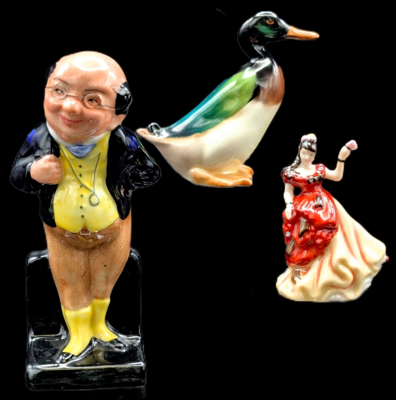 3 Vintage ROYAL DOULTON: Dickens Pickwick Figurine, Tiny Pretty Ladies BELLE 1996/ 2002 RD & Mallard Drake Duck, Up to 4" Tall