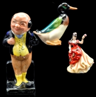 3 Vintage ROYAL DOULTON: Dickens Pickwick Figurine, Tiny Pretty Ladies BELLE 1996/ 2002 RD & Mallard Drake Duck, Up to 4" Tall