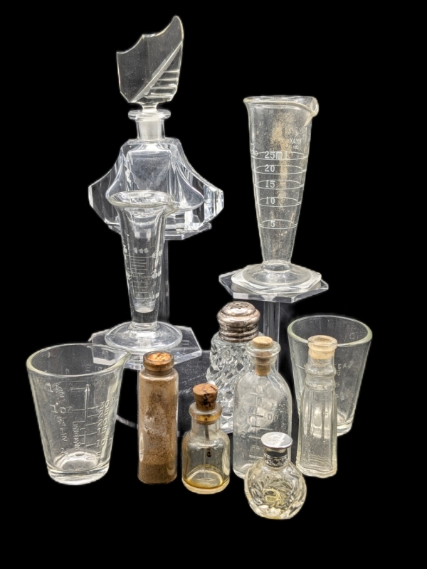 Vintage Stamped Sterling Silver Topped Salt Shaker, Tiny Ralph Lauren & Cut Glass Perfume Bottles, Tiny Medicine Bottles, Apothecary Measuring Vessels, Shot Glasses + Up to 5" Tall