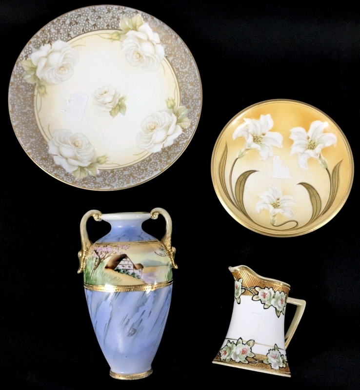2 Vintage Signed RS Germany Handpainted Plates (6" - 8.25" Diameter) & Vintage Nippon Japan Vase & Creamer (Up to 6.5" Tall), No Chips or Cracks