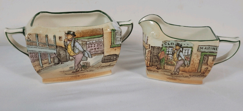 Vintage Royal Doulton Dickens Ware " Mr. Pickwick " Creamer & Sugerbowl . Crazing Present , no visible chips or cracks