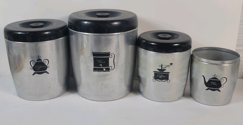 Vintage 1960s MCM West Bend Aluminum Nesting Canister Set . Four (4) Canisters & Three (3) Lids .