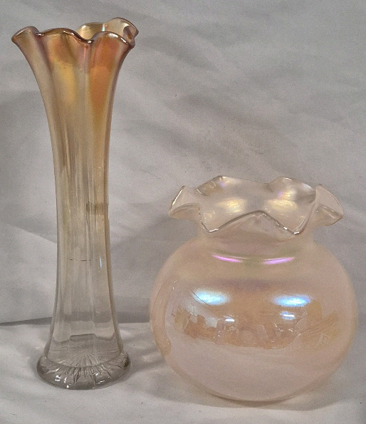 2 Vintage Vases - Carnival Glass 9.5" & Hand-blown Vase 5.5" Tall