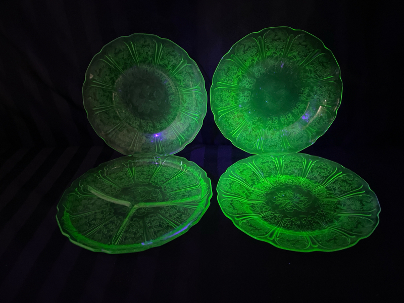 4 Cherry Pattern 9&rdquo; Uranium Glass Plates | 3 Sandwich Plates and 1 Divided Dish/Pickle Tray No Chips or Cracks