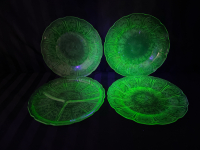 4 Cherry Pattern 9&rdquo; Uranium Glass Plates | 3 Sandwich Plates and 1 Divided Dish/Pickle Tray No Chips or Cracks