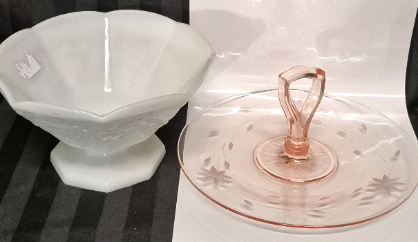 2 Beautiful Milk Glass Bowl & Pink Deprssion Glass with Fliral Etching - no Chips or Cracks