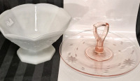 2 Beautiful Milk Glass Bowl & Pink Deprssion Glass with Fliral Etching - no Chips or Cracks