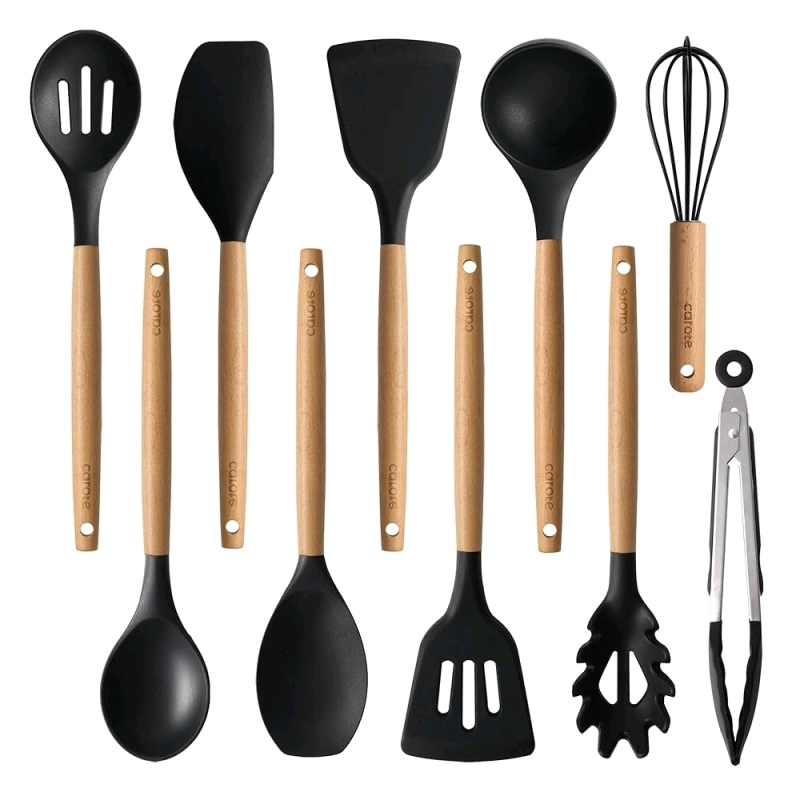 New CAROTE Silicone Cooking Utensils Set for Nonstick Cookware, 446&deg;F Heat Resistant Kitchen Utensil Set with Wooden Handle 10pcs, Spatula, Turner, Spoon, Tongs, Whisk
