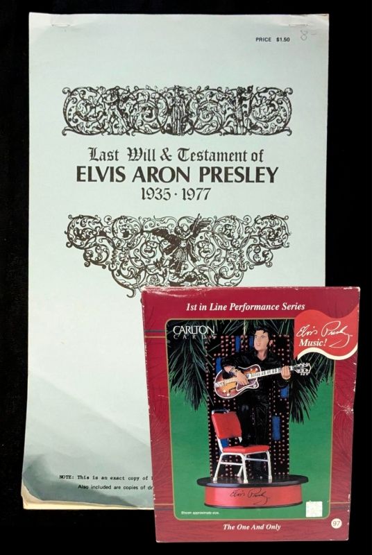 Vintage 2001 Carlton Cards ELVIS PRESLEY Musical Christmas Ornament & Reproduction Copy of The Last Will & Testament of Elvis Aron Presley 1935-1977, With Photocopied Marriage Certificate on Back Page