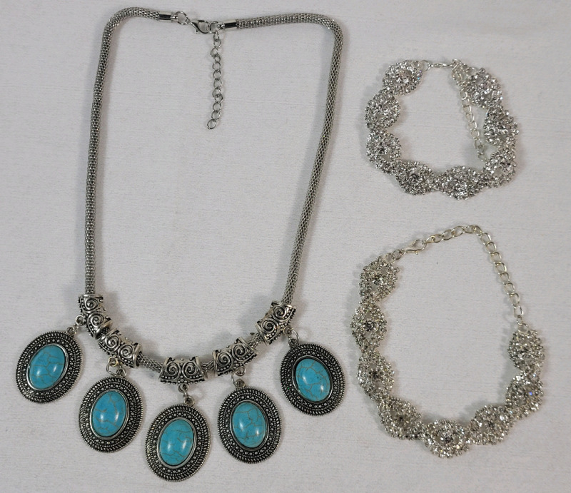 3pcs. Jewelry Lot . Necklace & Two (2) Bracelets . Necklace measures 18" long and Bracelets measure 8" long