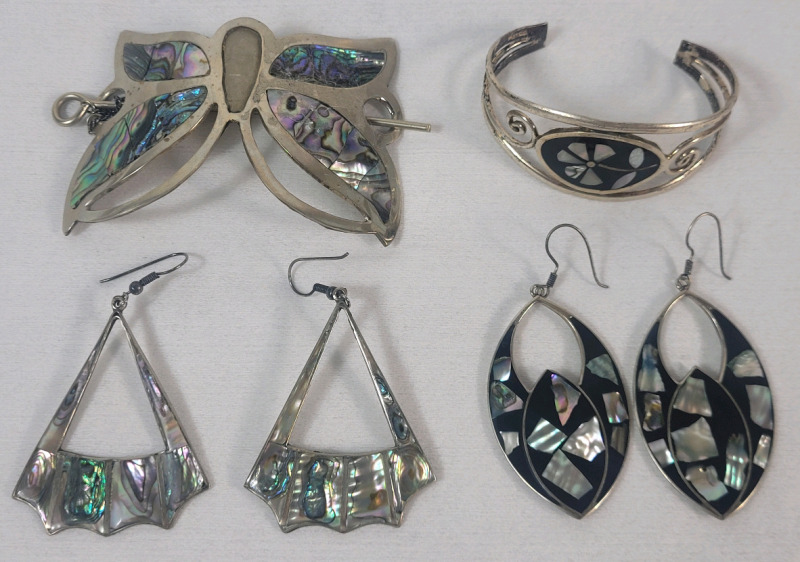Vintage Mexico Alpaca Earring Sets , Bracelet & Butterfly Hair Clip . Mexico or Mexico Alpaca Marks Only , No 925 Marks