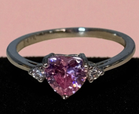 925S Sterling Silver Faceted Pink Stone Heart Ring Prong Set Dide Stones Size 10