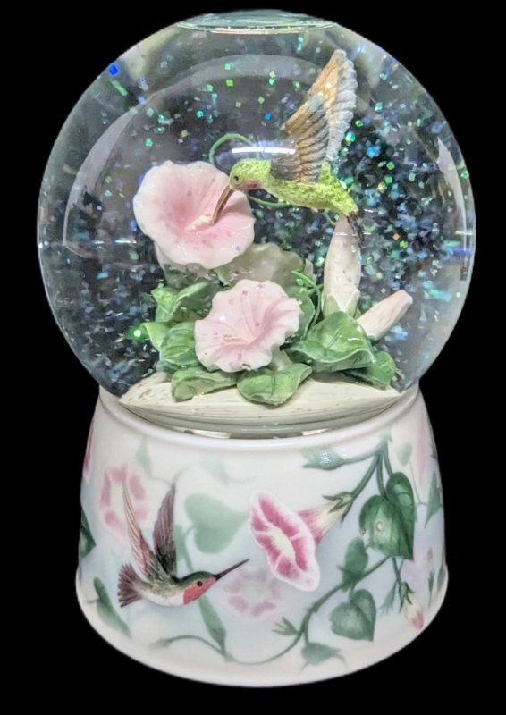Vintage Twinkle Hummingbird Ceramic & Glass Globe Spinning Musical Snow Globe, Plays "Summertime", 6" Tall No Chips or Cracks