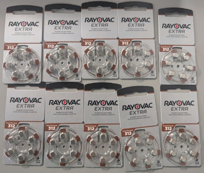 60 New Sealed RAYOVAC Size 312 Hearing Aid Batteries. (10 Packs of 6). BB 2028/09/21.