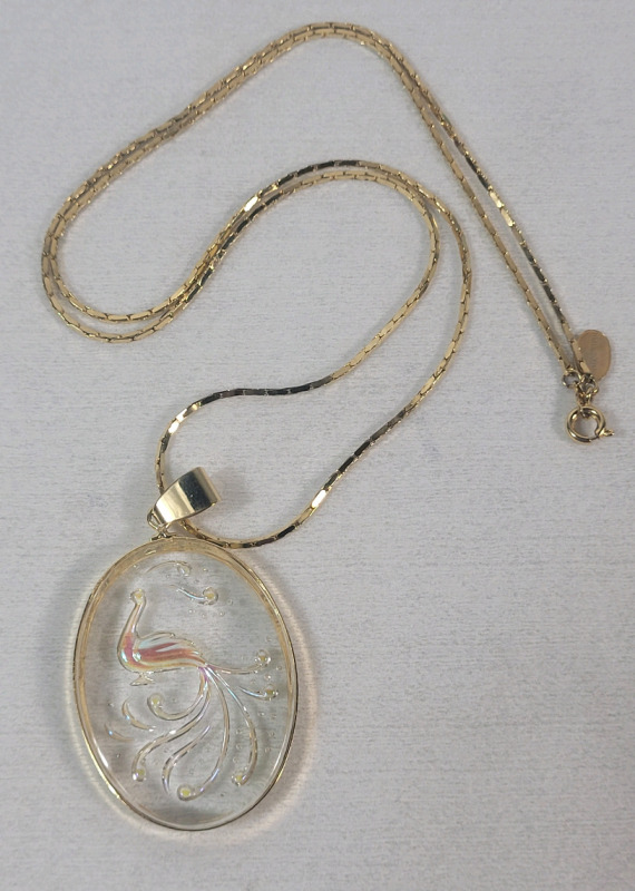 Reverse Peacock Pendant w/Parkland Necklace Chain . Measures 23.5" long