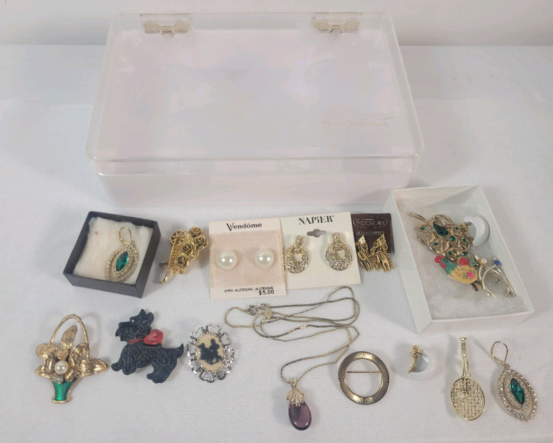 Vintage Gloria Vanderbilt Transparent Plastic Storage Box w/Signed Jewelry Pieces . D'Orlan, Brooks , Napier plus more