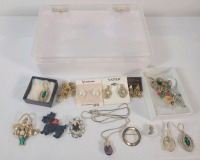 Vintage Gloria Vanderbilt Transparent Plastic Storage Box w/Signed Jewelry Pieces . D'Orlan, Brooks , Napier plus more