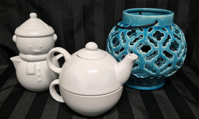 Adorable Snowman Creamer & Sugar, One Cup Teapot & Candle Holder - Tallest 6.5"