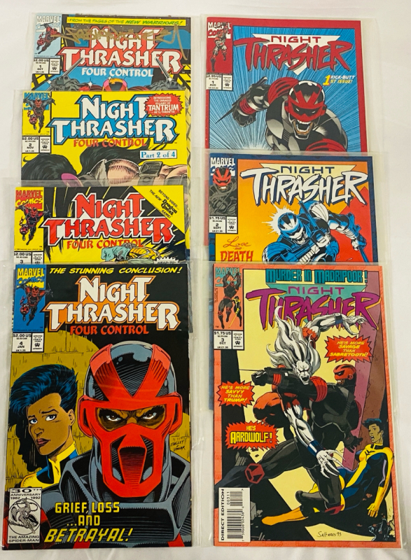 7 Vintage Marvel Night Thrasher Comics, &ldquo;Four Control&rdquo; Issues #1-4 (#1 signed by writer Fabian Nicieza), later issues #1-3