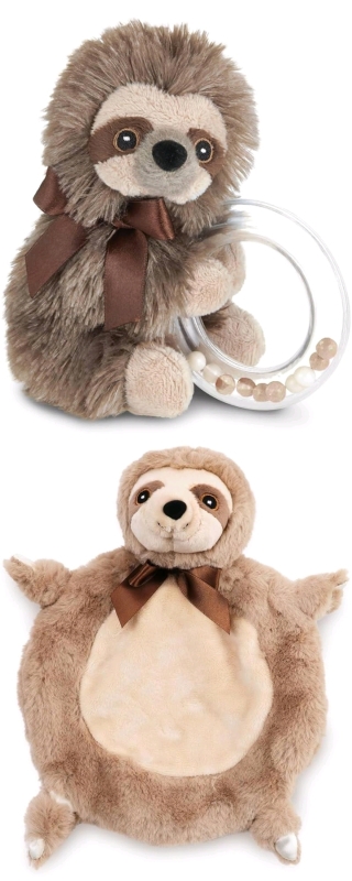 New BEARINGTON BABY Wee Speedster the Sloth Lovey Plush Mini Blanket 7" & Lil's Speedy The Sloth Shaker Plush Rattle Toy 5.5" | Retails Over $50