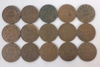1920 - 1936 Canadian King George V Small One Cent Pennies . 1920 &times;2 , 1928 , 1929 &times;2 , 1932 &times;4 , 1933 &times;3 , 1935 &times;2 & 1936 . Fifteen (15) Coins .