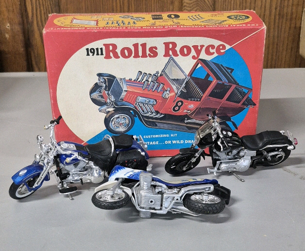 Vintage Model 1911 Rolls Royce (Started) & Motorcycle Figures