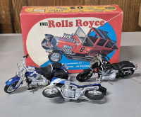 Vintage Model 1911 Rolls Royce (Started) & Motorcycle Figures