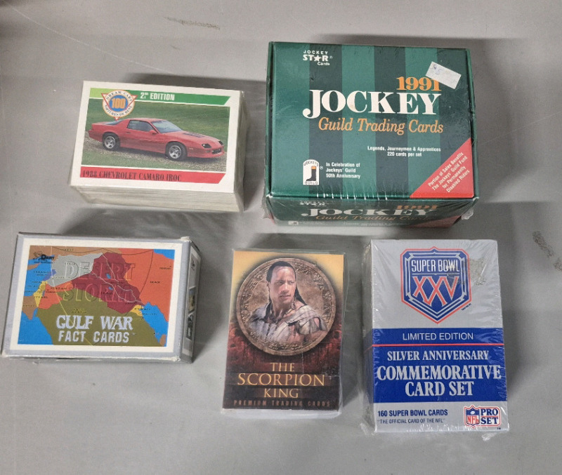 5 Vintage Trading Cards Lot - 1991 Jockey Guild Sealed, Super Bowl XXV Sealed, 1991 Gulf War Fact Cards +