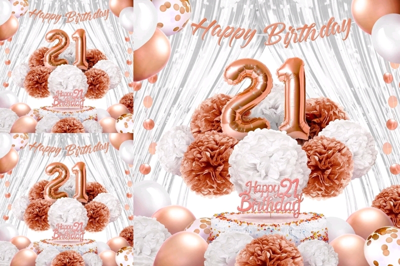 3 New EpiqueOne 21ST BIRTHDAY PARTU DECORATIONS : Rose Gold Happy Birthday Banner, Cake Topper, Pompoms, Balloons, Photo Backdrop Curtains