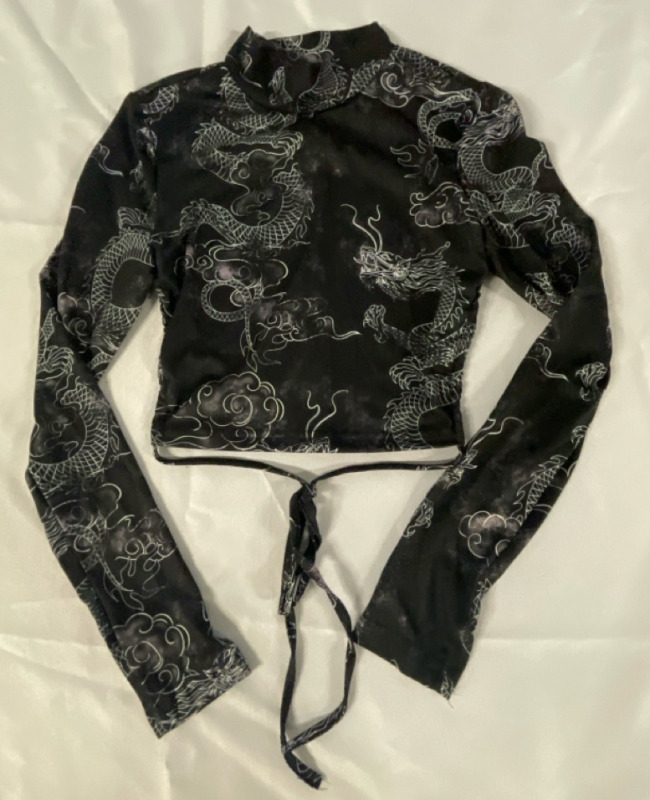 New Sz Small Ladies Long Sleeve Backless Top | Back Tie Detail | Dragon Print