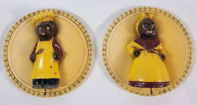 Vintage Deven Ware Black Americana Chalkware Kitchen Wall Plaque String Holder , Pair . Measures 6.5" diameter . Some chips on edges