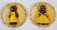 Vintage Deven Ware Black Americana Chalkware Kitchen Wall Plaque String Holder , Pair . Measures 6.5" diameter . Some chips on edges