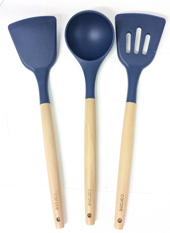 3pc New CAROTE Silicone Kitchen Tools with Wooden Handles: Slotted Spatula, Flipper & Ladle, 12.75" Long Each