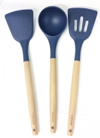 3pc New CAROTE Silicone Kitchen Tools with Wooden Handles: Slotted Spatula, Flipper & Ladle, 12.75" Long Each