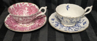 2 Vintage Coalport Cups & Saucers Red Leaf and Blue Bird