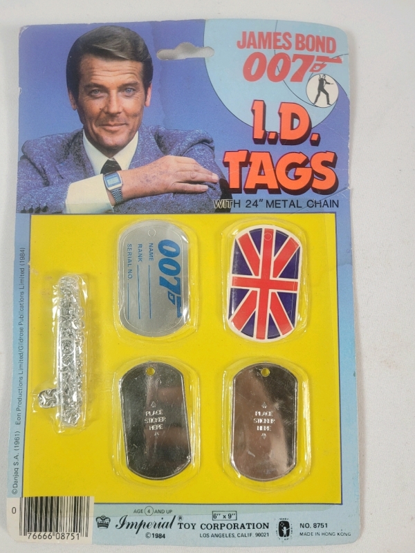 Vintage 1984 James Bond 007 Roger Moore I.D. Tags . New Old Stock , Sealed