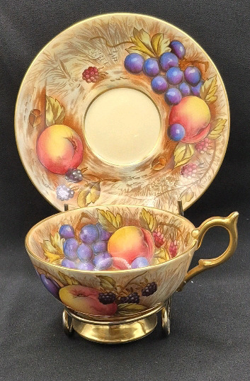 Vintage Aynsley Fruit ORCHARD Footed Cup & Saucer Set - Signed N. BRUNT