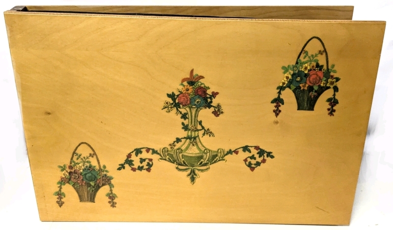 Vintage Wood Post Card Album With 39 Filled Pages: 2 Ships, Remainder are International Travel Post Cards, Album 18.25" &times; 1.8" &times; 12.5"