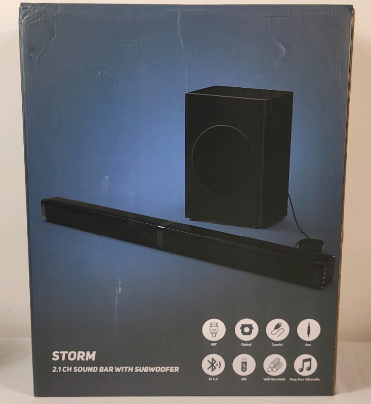 New - Storm 2.1 CH. 2-in-1 Sound Bar w/Subwoofer , Model # BT100 . Bluetooth Compatible . Can be used as Soundbar or 2 Separate Speakers .