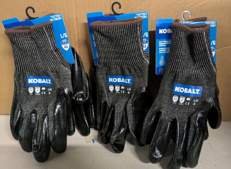 3 New Pairs of Large Kobalt Cut Resistant Dipped Work Gloves.