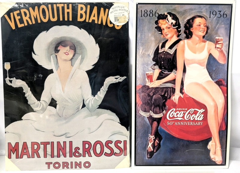 2 Nostalgic Retro Metal Posters / Tin Signs : New Vermouth Bianco Martini & Rossi Torino, 1886-1936 Coca-Cola 50th Anniversary (Scratch in Front), Up to 16" Tall