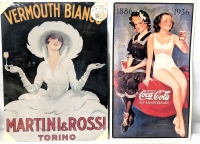 2 Nostalgic Retro Metal Posters / Tin Signs : New Vermouth Bianco Martini & Rossi Torino, 1886-1936 Coca-Cola 50th Anniversary (Scratch in Front), Up to 16" Tall