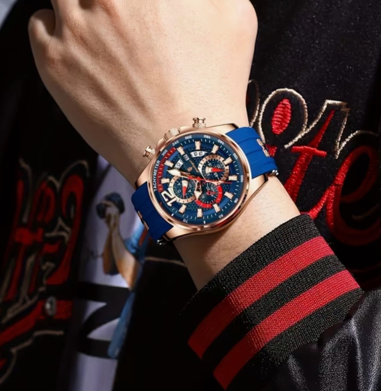 New POEDAGAR Sporty Blue Silicone Strap Quartz Watch with Chronograph Date Calendar 3ATM High Quality & Multi-Dial Design Textured Dial Stock photos added