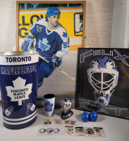Toronto Maple Leafs Hockey Memorabilia Lot . Includes : 1963 York Peanut Butter Dave Keon Card , Caps , Cards , Trash Bin , Cup , Felix Picture (has crack) , Mask & Doug Gilmour Framed Puzzle .