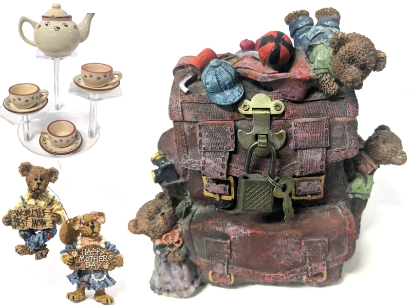 Vintage BOYDS BEARS : Boydsenbeary Patch Becky & Delmar & Bearware Potteryworks "Brewin' F.O.B." Official Mini Tea Set & Resin Teddy Bear Backpack Coin Bank with Keys & Lock 5.75" Tall