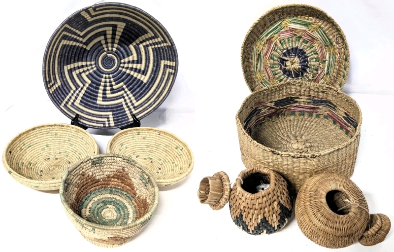 Collection of Vintage Woven Grass /Straw Bowls & Containers + Small Signed Leather-Bound Birch Bark Trinket Dish with Faux Amber: Bowls 7" - 12" Diameter, Containers : 3.25" - 3.5" Tall