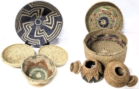 Collection of Vintage Woven Grass /Straw Bowls & Containers + Small Signed Leather-Bound Birch Bark Trinket Dish with Faux Amber: Bowls 7" - 12" Diameter, Containers : 3.25" - 3.5" Tall