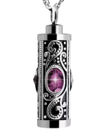 Stainless Steel Memorial Ashes Scroll Work Pendant Necklace with Purple Stone Durable Cremation Keepsake for Ashes Pendant approximately 1.5 in Chain 20 inch