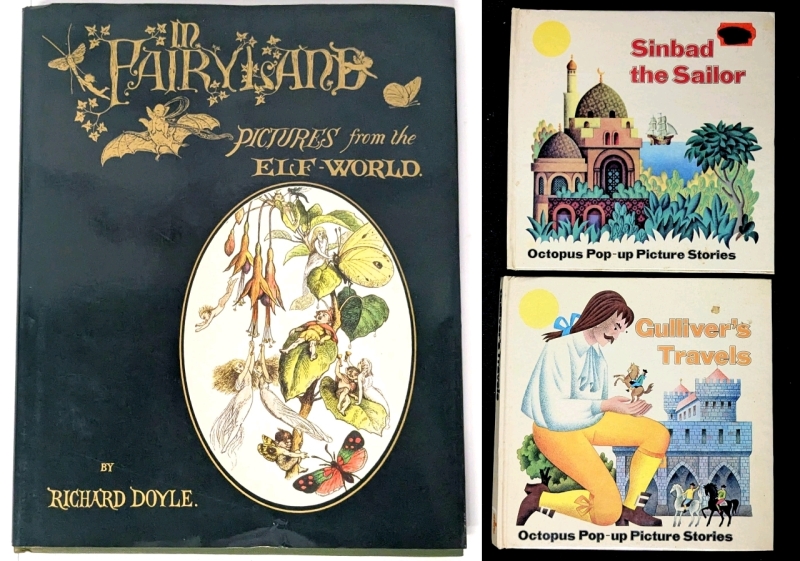 3 Vintage 1979 Hardcover Kids' Books : "In Fairyland: Pictures from the Elf-World by Richard Doyle & 2&times; Octopus Pop-Up Books : Sinbad the Sailor & Gulliver's Travels